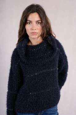 Molly Bracken Jersey de mujer de manga larga estampado rayas Azul marino Hot