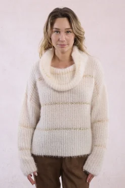 Molly Bracken Jersey de mujer de manga larga estampado rayas Marfil Hot