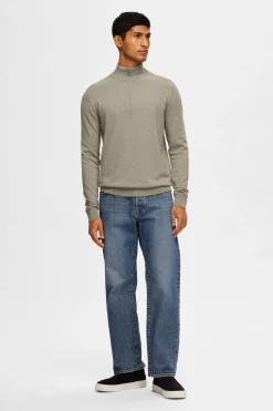 Selected Jersey de punto con media cremallera 100% algodón Verde