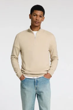 Selected Jersey de punto con media cremallera 100% algodón Beige New