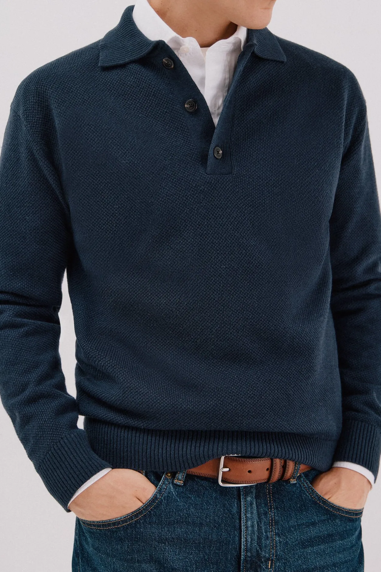 Cortefiel Jersey estructura lana cuello polo botones Azul marino