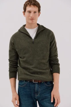Cortefiel Jersey lana lambswool cuello abierto cremallera Verde Clearance