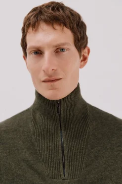 Cortefiel Jersey lana lambswool cuello abierto cremallera Verde Clearance