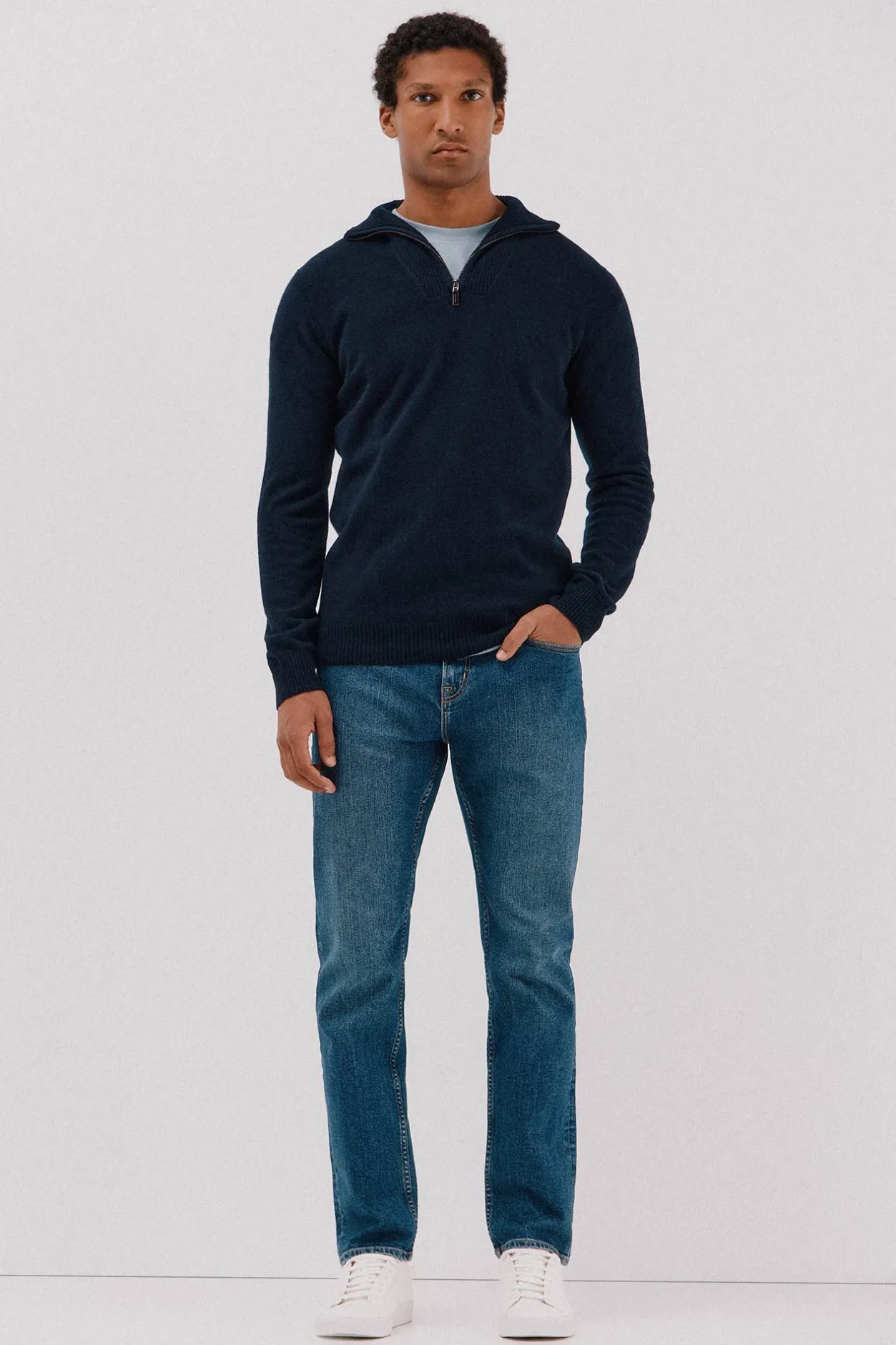 Cortefiel Jersey lana lambswool cuello abierto cremallera Azul marino Discount