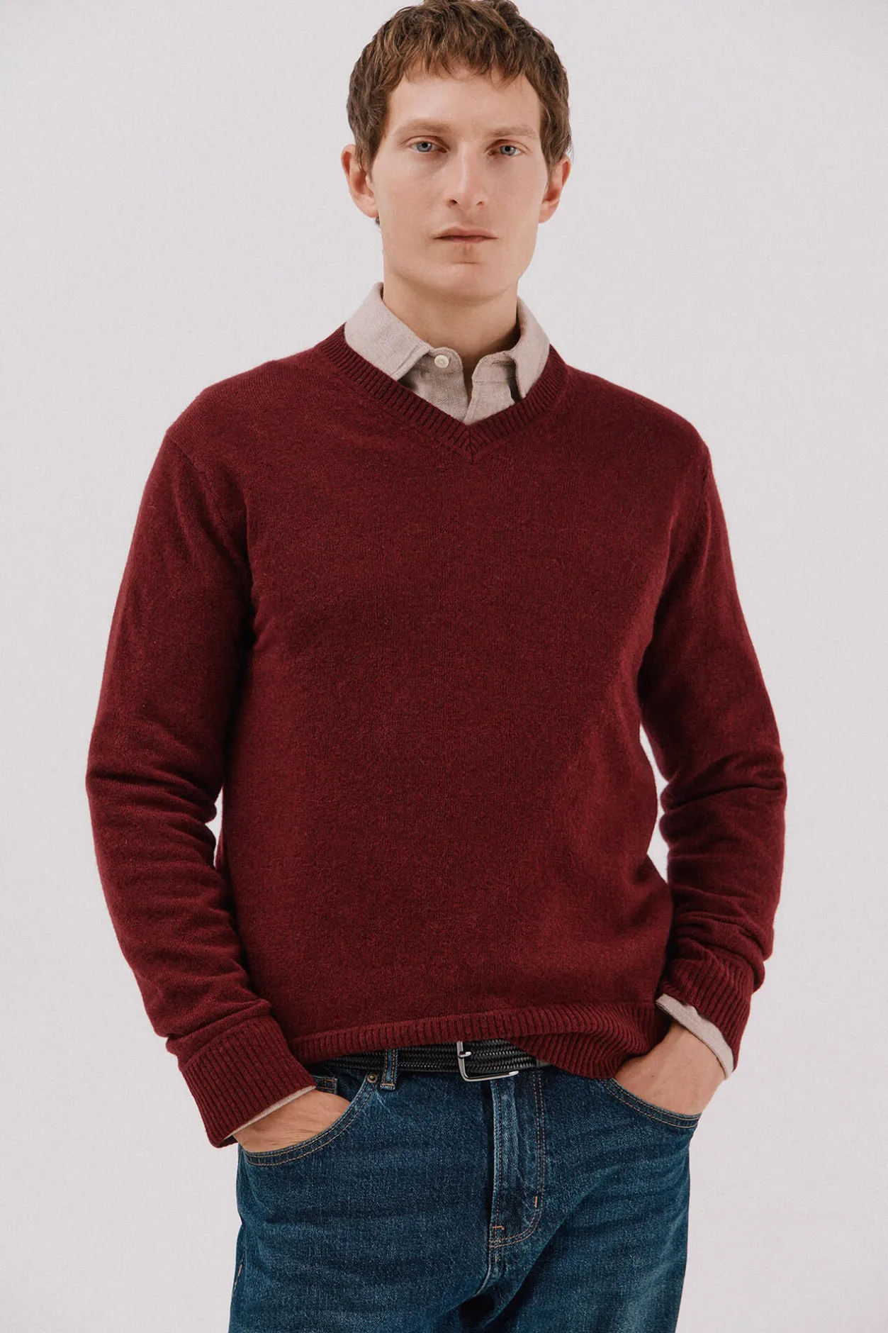 Cortefiel Jersey lana lambswool pico redondo Granate Online