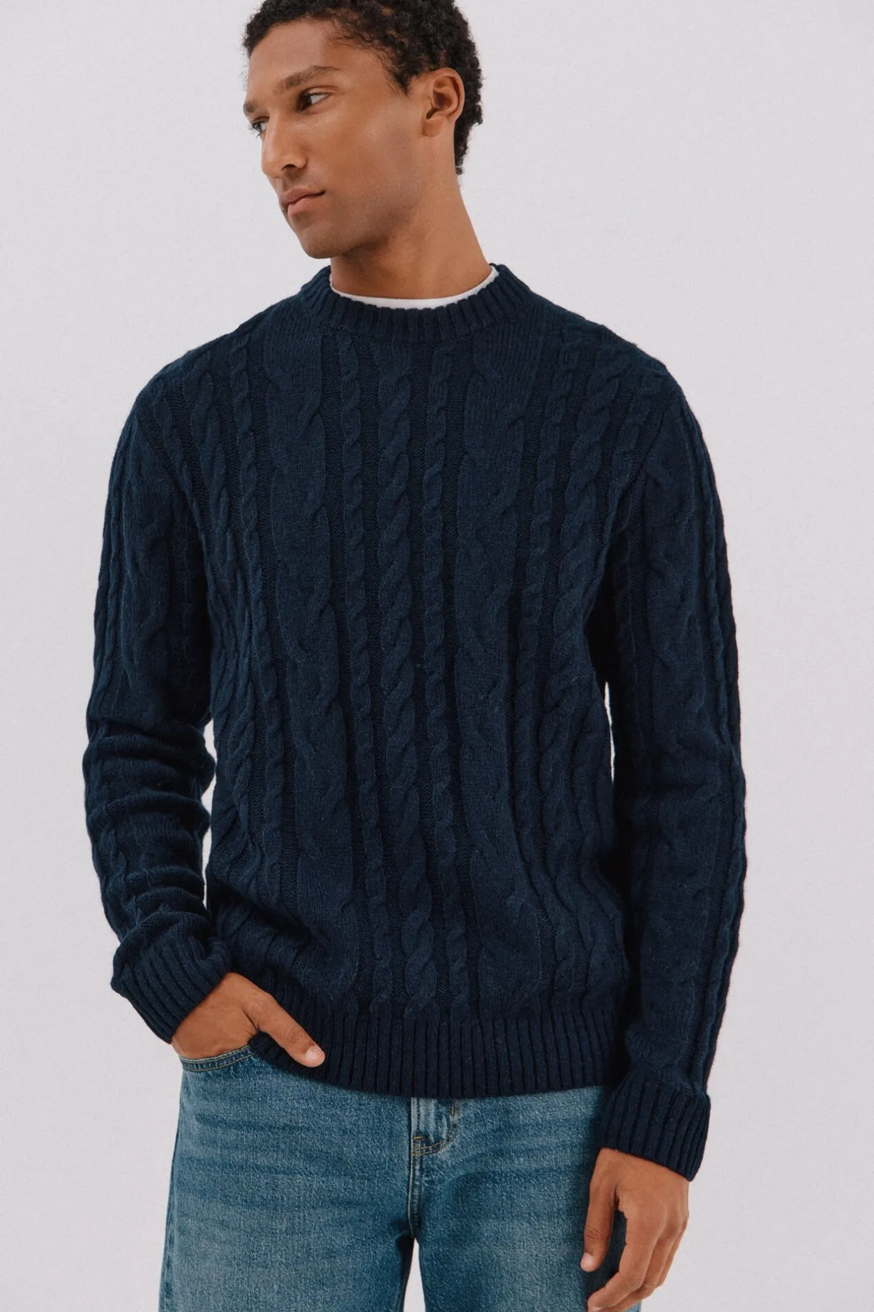 Cortefiel Jersey lana trenzado cuello caja Azul marino Clearance