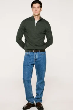 Selected Jersey media cremallera 100% algodón. Verde oscuro Sale