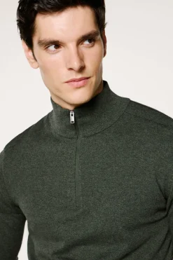 Selected Jersey media cremallera 100% algodón. Verde oscuro Sale
