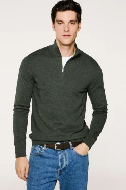 Selected Jersey media cremallera 100% algodón. Verde oscuro Sale