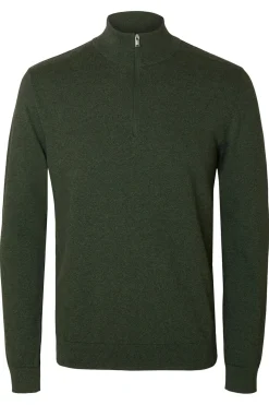 Selected Jersey media cremallera 100% algodón. Verde oscuro Sale