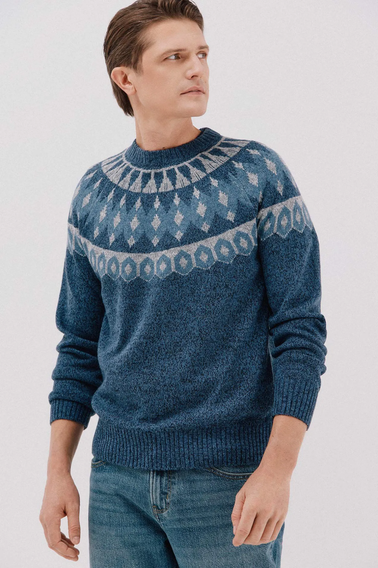 Cortefiel Jersey navideño fantasía lana cuello caja Azul marino Online