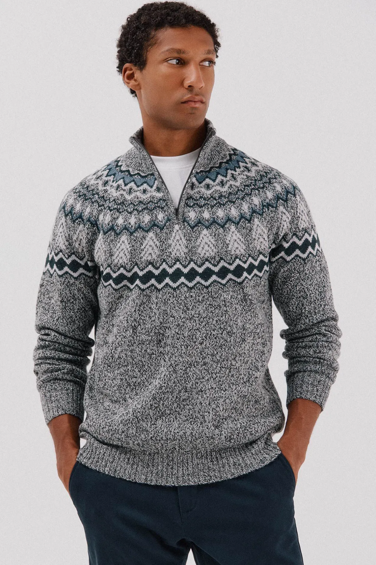 Cortefiel Jersey navideño fantasía lana cuello alto cremallera Gris oscuro Sale