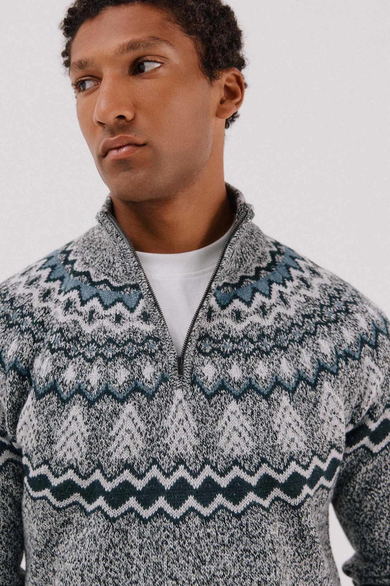 Cortefiel Jersey navideño fantasía lana cuello alto cremallera Gris oscuro Sale