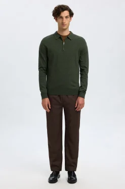 Selected Jersey polo media cremallera 100% algodón. Verde oscuro Best