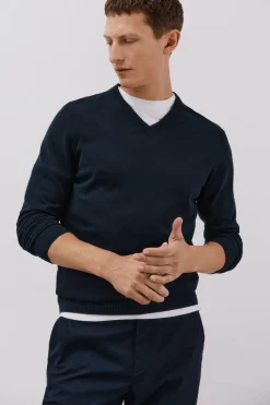 Cortefiel Jersey punto fino algodón cuello pico Azul marino Outlet