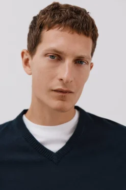 Cortefiel Jersey punto fino algodón cuello pico Azul marino Outlet