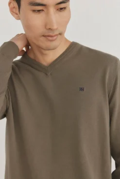 Pedro del Hierro Jersey punto fino algodón premium cuello pico Verde Discount