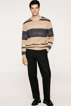 Selected Jersey rib rayas 100% algodón orgánico. Beige Sale