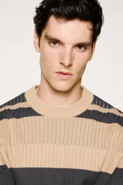 Selected Jersey rib rayas 100% algodón orgánico. Beige Sale