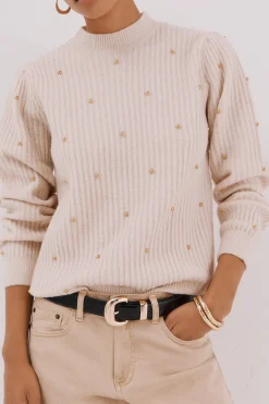 Cortefiel Jersey tachas doradas Beige Sale