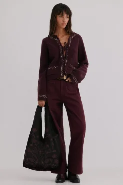 Hoss Intropia Nuria. Bolso hobo terciopelo bordado Granate Sale