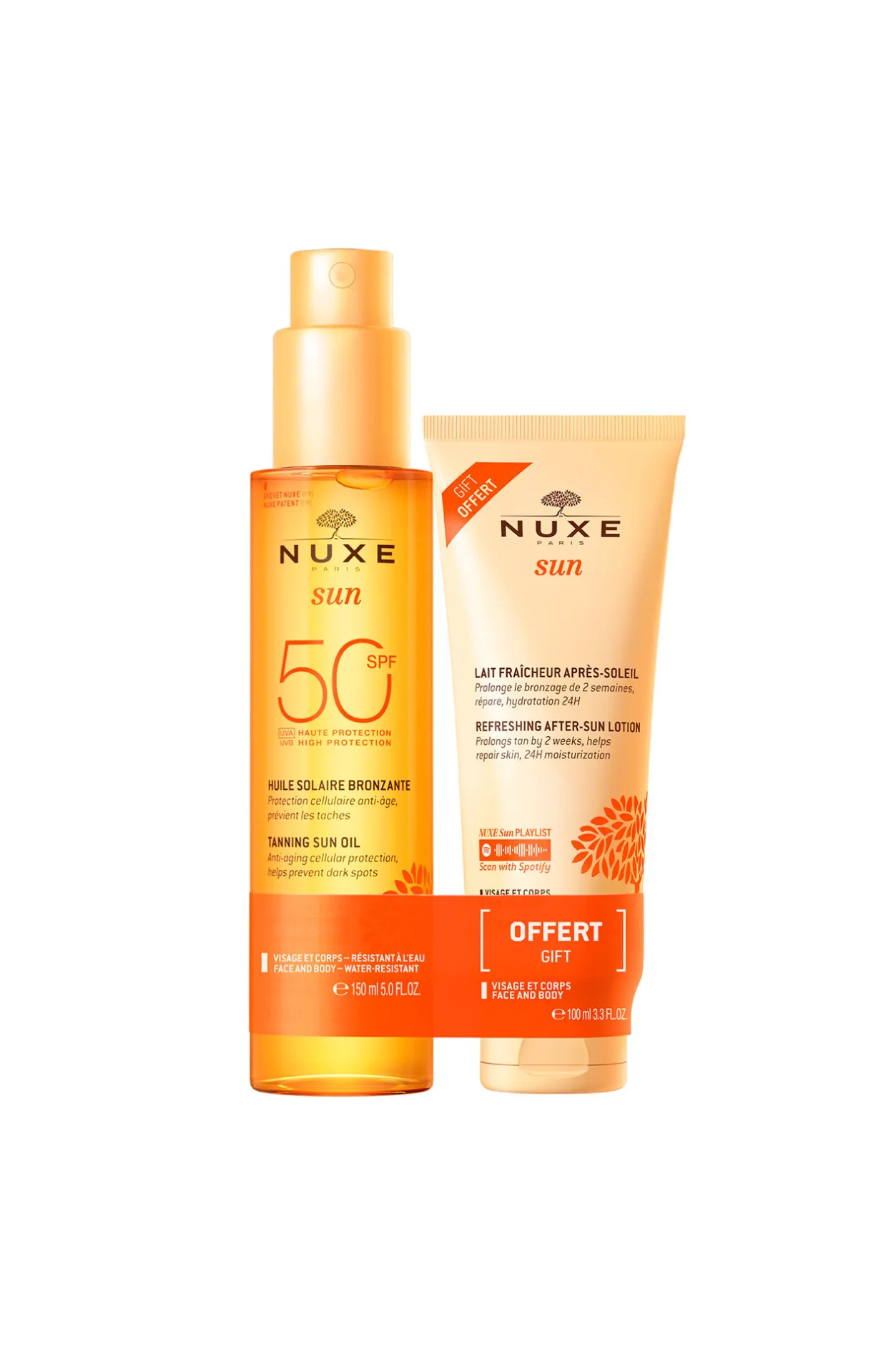 Nuxe Sun Aceite Bronceador Rostro y Cuerpo SPF 50 + Leche Refrescante After Sun 100ml DE REGALO Naranja Sale