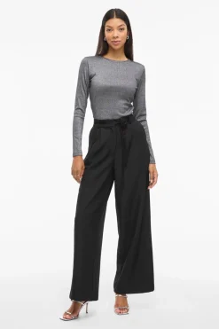 Vila Pantalón ancho de vestir con cinturón flor Negro New