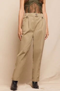 Slowlove Pantalón de sarga con pinzas trabillas para el cinturón bolsillos funcionales laterales pernera ancha cierre mediante cremallera oculta y botón Beige Discount