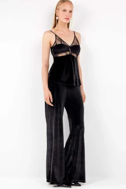 Gisela Pantalón largo de terciopelo elástico con diseño elegante negro Online