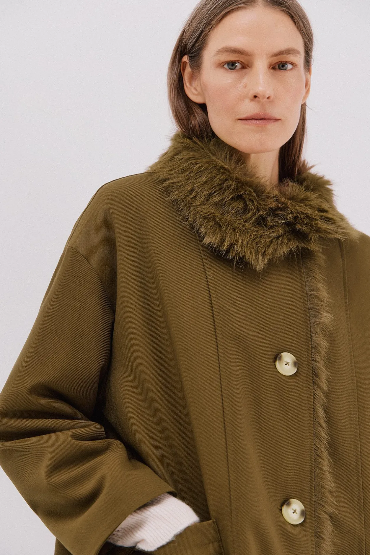 Cortefiel Parka con cuello efecto pelo Marrón oscuro Discount