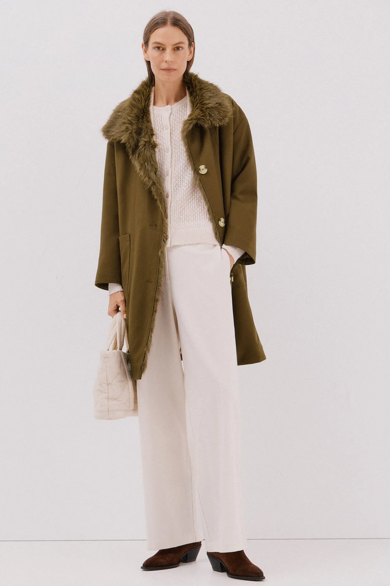 Cortefiel Parka con cuello efecto pelo Marrón oscuro Discount