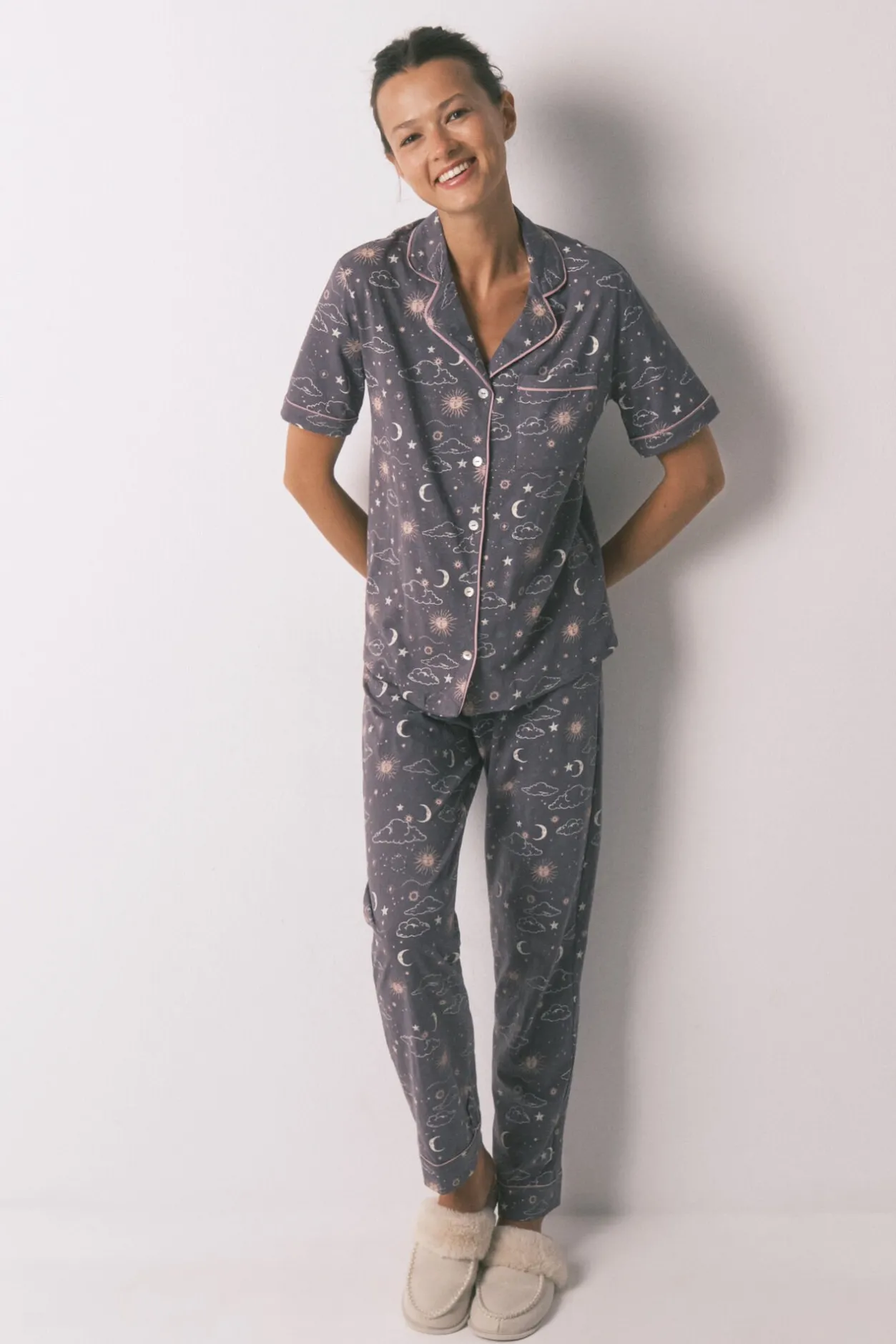 Women'secret Pijama camisero 100% algodón estampado astral gris Best
