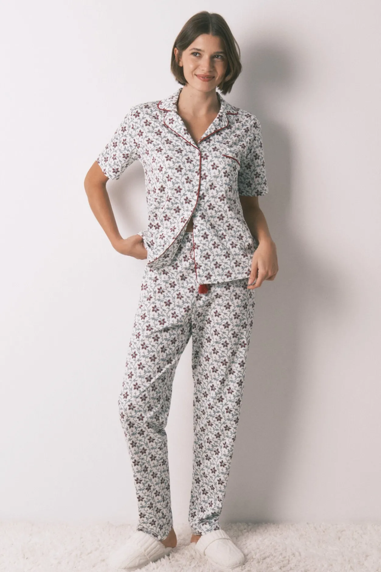 Women'secret Pijama camisero algodón estampado flores marfil New