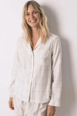 Women'secret Pijama camisero franela algodón blanco print cuadros marfil Best