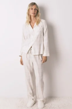 Women'secret Pijama camisero franela algodón blanco print cuadros marfil Best