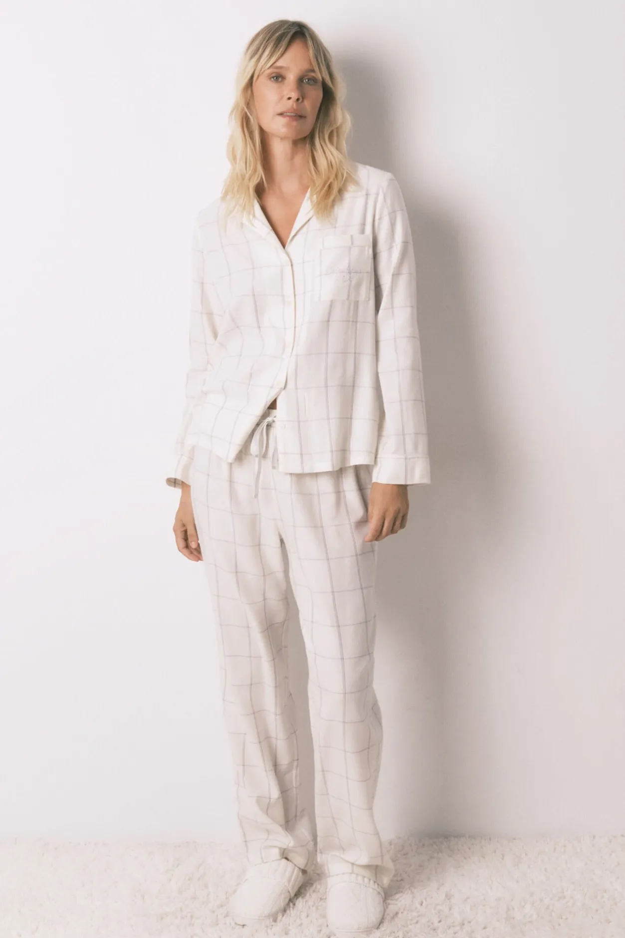 Women'secret Pijama camisero franela algodón blanco print cuadros marfil Best