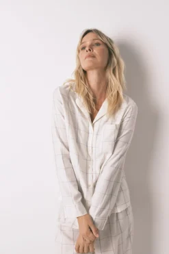 Women'secret Pijama camisero franela algodón blanco print cuadros marfil Best
