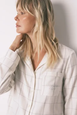 Women'secret Pijama camisero franela algodón blanco print cuadros marfil Best