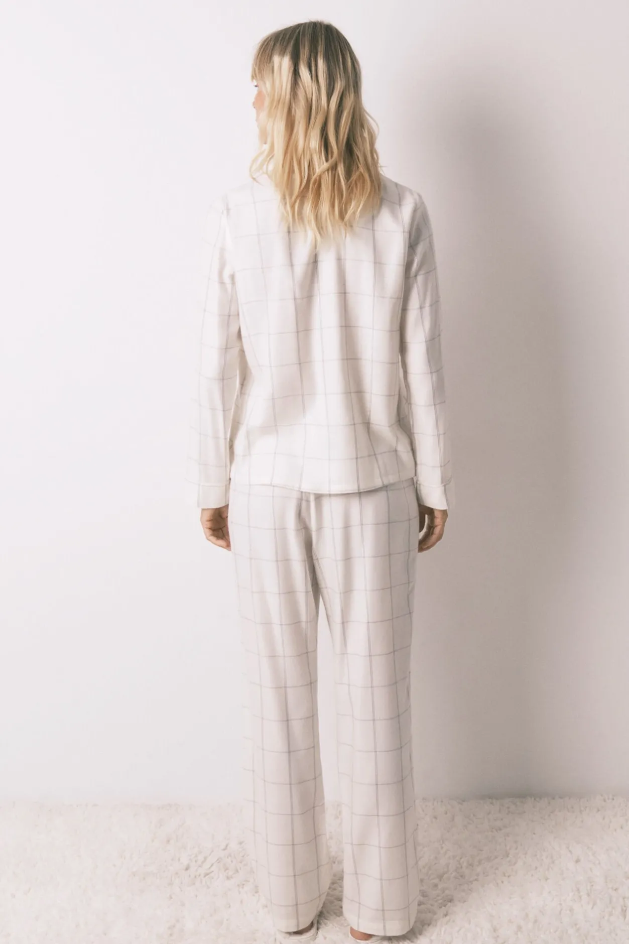 Women'secret Pijama camisero franela algodón blanco print cuadros marfil Best