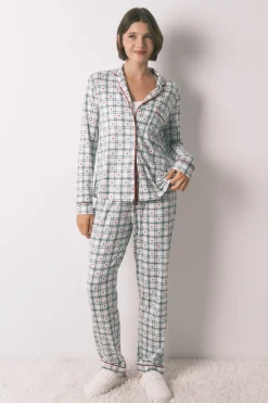 Women'secret Pijama camisero largo cuadros verde estampado Hot