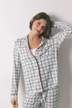 Women'secret Pijama camisero largo cuadros verde estampado Hot