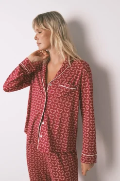 Women'secret Pijama camisero largo corazones rojo estampado