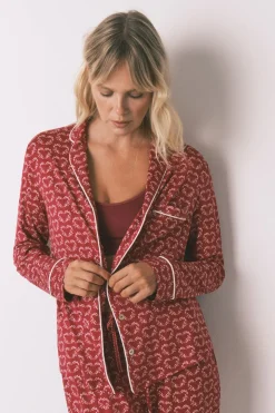 Women'secret Pijama camisero largo corazones rojo estampado