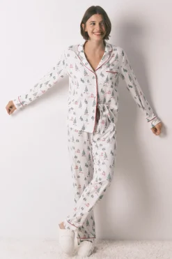 Women'secret Pijama camisero largo estampado navidad blanco marfil Discount