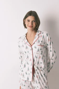 Women'secret Pijama camisero largo estampado navidad blanco marfil Discount