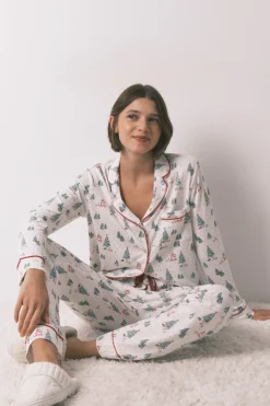 Women'secret Pijama camisero largo estampado navidad blanco marfil Discount