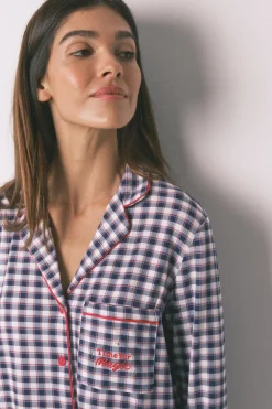 Women'secret Pijama camisero largo punto suave cuadros azul Clearance