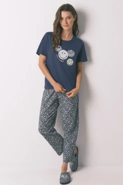 Women'secret Pijama Capri 100% algodón Smiley azul Best
