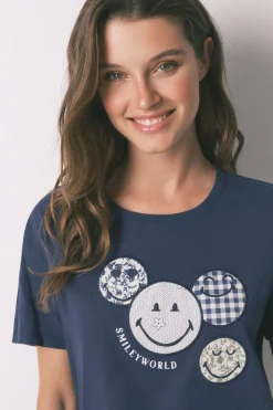 Women'secret Pijama Capri 100% algodón Smiley azul Best