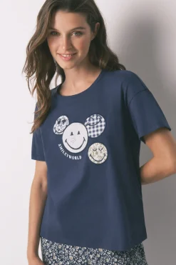 Women'secret Pijama Capri 100% algodón Smiley azul Best